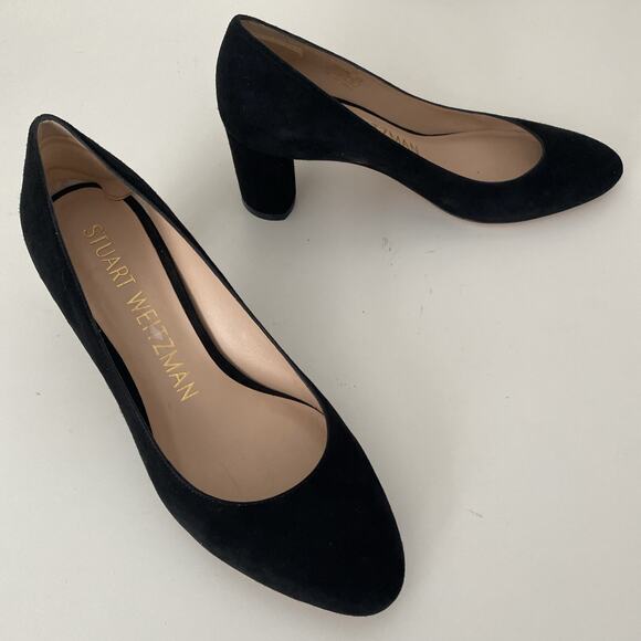 Stuart Weitzman Amatta Black Suede Pump 2" Block Heel Almond Toe 6 - Picture 5 of 11
